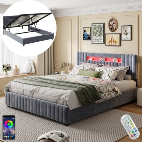 Lit coffre 160x200 cm, avec éclairages LED, hydraulique de rangement, télécommande, APP, sommier à lattes, lit double capitonné en Velours - Gris