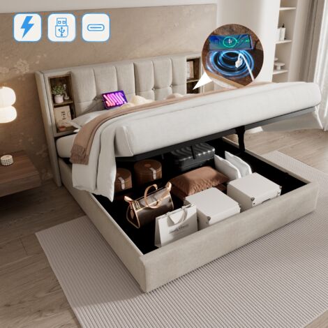 Lit coffre 160x200 cm, avec hydraulique de rangement, sans fil fonction de charge USB, 4 étagères, sommier à lattes, lit capitonné en lin - Beige