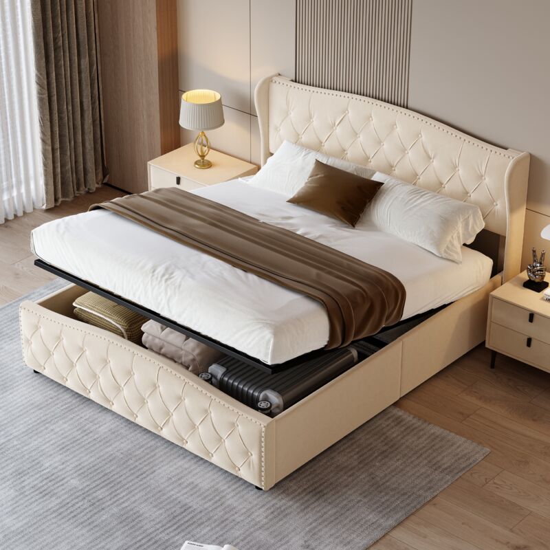 Lit coffre 160x200 cm, avec hydraulique espace de rangement, rivets et boutons décoratifs, sommier à lattes, lit double capitonné en velours - Beige