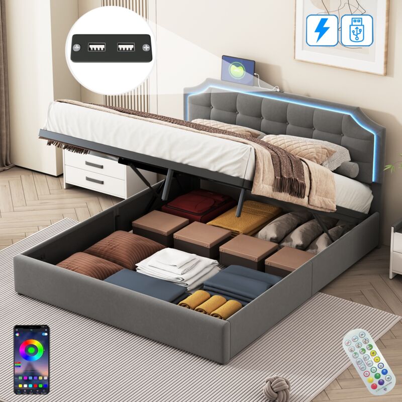 Lit coffre 160x200 cm, avec led, 2 usb, hydraulique de rangement, moderne, sommier à lattes en bois, cadre en métal, lit capitonné en Velours - Gris
