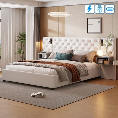 Lit coffre 160x200 cm, avec LED lampes cylindrique, 2 table de chevet, USB, rangement, sommier à lattes en bois, cadre en métal, lit capitonné en velours - Beige