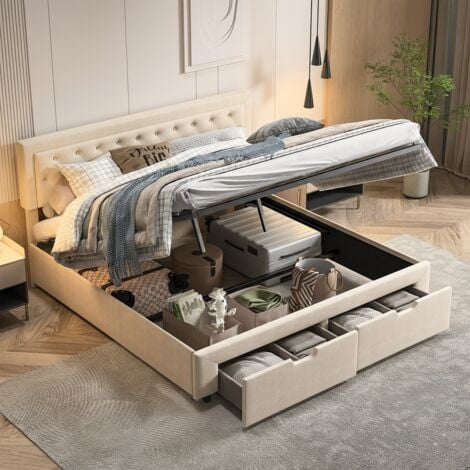 FORTUNA LAI Lit coffre 160x200cm - Lit double en tissu velours avec 2 tiroirs, sommier à lattes et tête de lit - conception de bouton - Beige