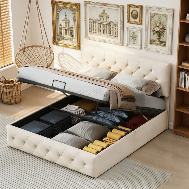 Lit coffre 160x200 cm avec rangement hydraulique, Lit rembourré double Lit capitonné Lit adulte en velours avec tête de lit réglable et sommier à