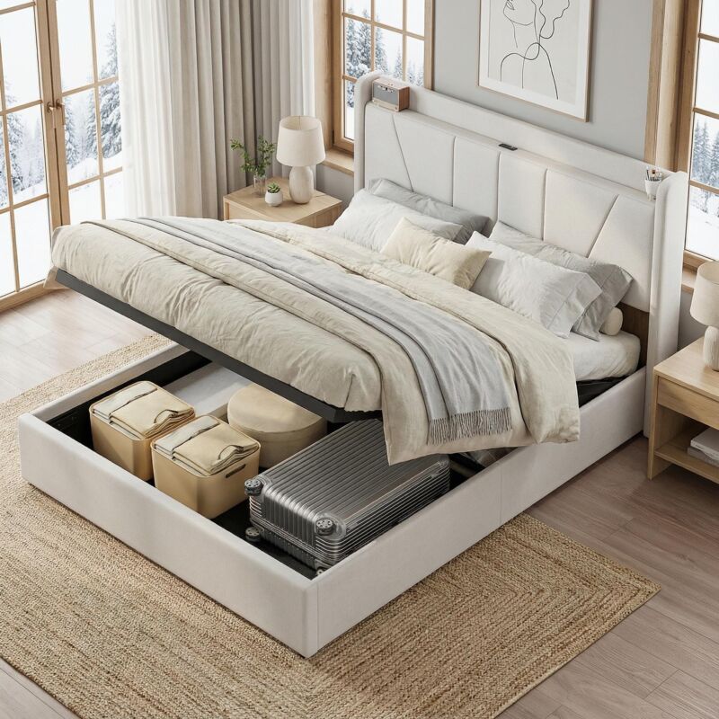 Lit coffre 160x200, lit double capitonné avec ports usb/type-c, tête de lit avec rangement, lit adulte avec sommier, lin, style moderne(160x200cm,