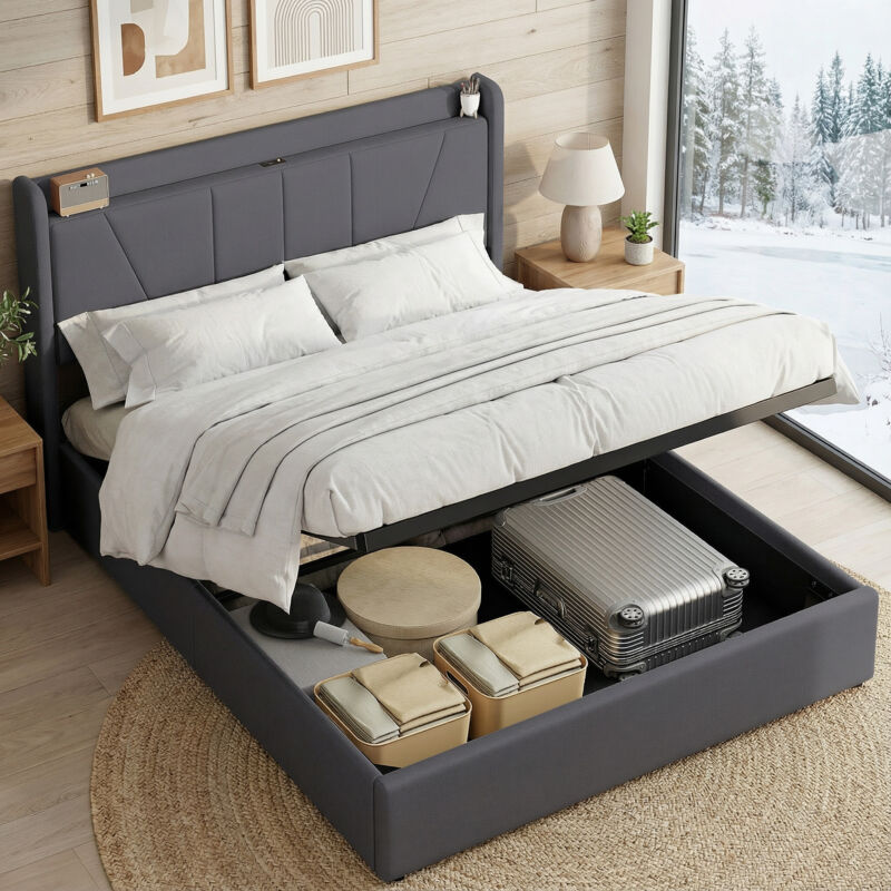 Lit coffre 160x200, lit double capitonné avec ports usb/type-c, tête de lit avec rangement, lit adulte avec sommier, lin, style moderne(160x200cm,
