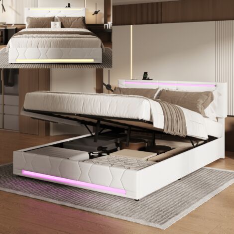 Lit coffre 160x200 cm, avec rangement hydraulique, Tête de lit réglable avec sommier LED et USB, Lit adulte, 2 places, Lin, Beige