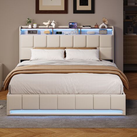 Lit Coffre 160x200 cm avec rangement hydraulique,lit double rembourré,Sommier à Lattes,LED réglable,Chargement USB,cadre de lit,tissu en lin,Beige