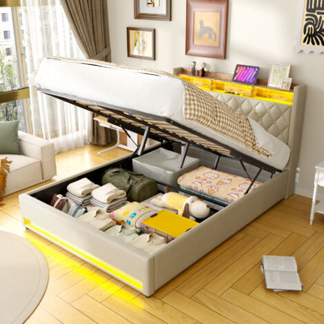 Lit coffre 160x200 cm avec rangement, LED, tête de lit 2 prises + 2 USB - Velours beige - Sans matelas