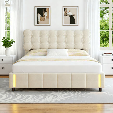 Lit coffre 160x200 cm avec rangement, Lit  2 Personne avec LED, Lit capitonne avec sommier a lattes, Lit adulte, lit double capitonné, Velours, Beige