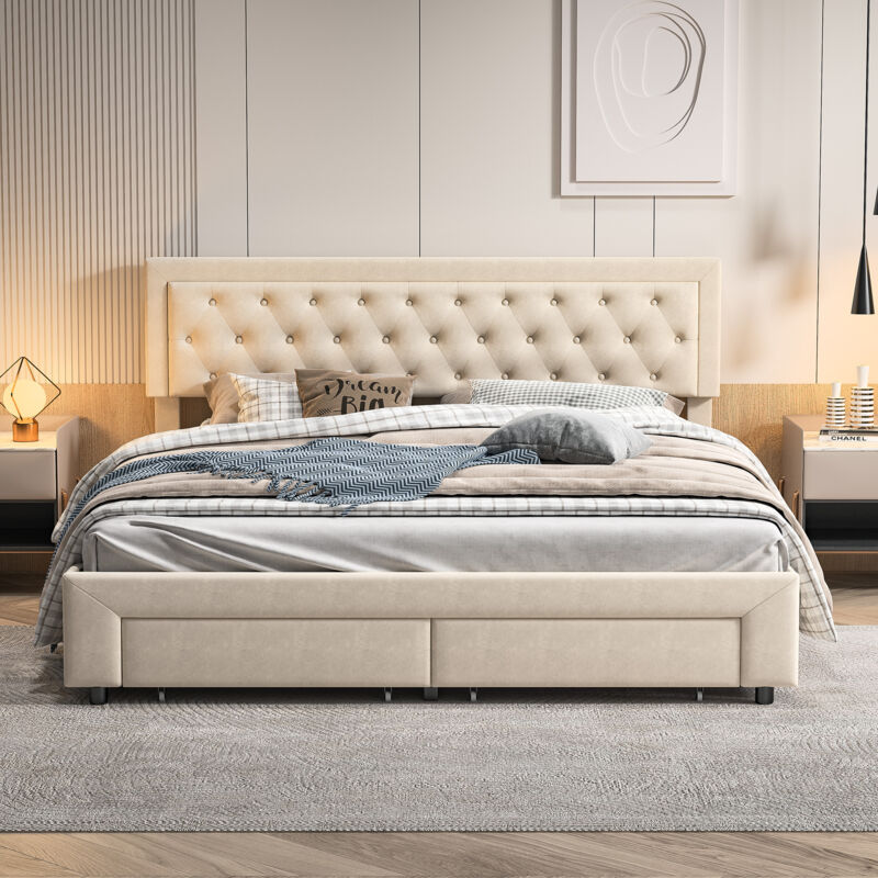 Lit coffre 160x200 cm avec rangement, Lit double rembourré avec 2 tiroirs, Cadre de lit 160x200 avec sommier à lattes, Velours, Beige