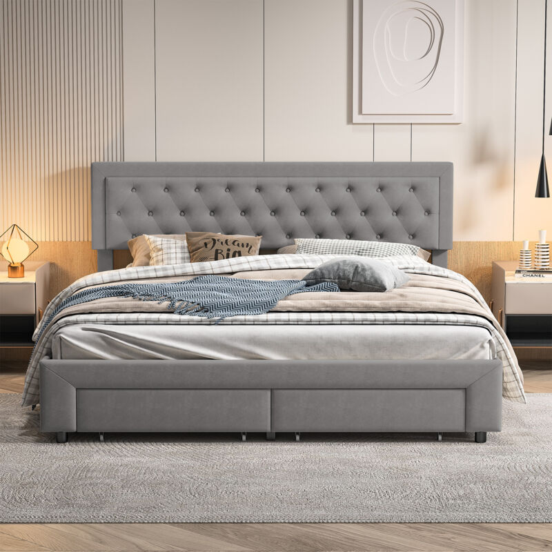 Lit coffre 160x200 cm avec rangement, Lit double rembourré avec 2 tiroirs, Cadre de lit 160x200 avec sommier à lattes, Velours, Gris