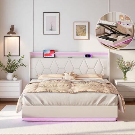 Lit coffre 160x200 cm avec rangement, Tete de lit avec Lumière LED et Port USB, Lit double XL avec sommier à lattes en bois, lit pour adultes 2 places, design scandinave, velours, blanc