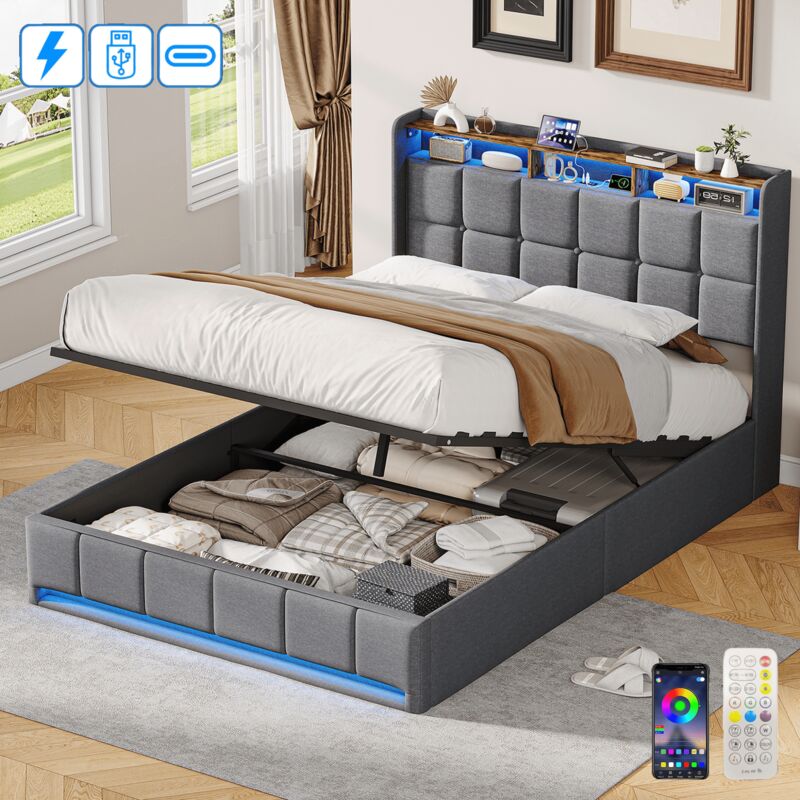 Lit coffre 160x200 cm avec rangement, Tête de lit capitonné avec éclairage LED et ports USB, Sommier à lattes, Tissu en lin, Gris