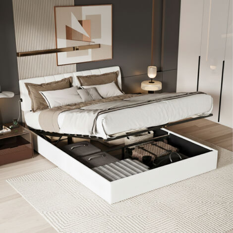 Lit Coffre 160x200 cm avec Sommier à Lattes et 2 USB, Lits Double capitonné avec Rangement Caché, Lits 2 Personnes Cadre de lit, sans Matelas, Beige
