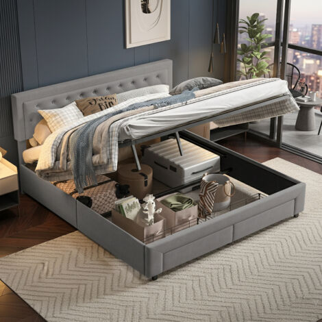 Lit coffre 160x200 cm avec sommier à lattes, lits hydraulique avec 2 tiroirs, lit double capitonné avec espace de rangement caché, lits 2 personnes, velours, gris