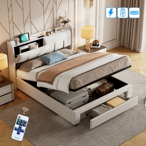 Lit coffre 160x200 cm avec Sommier LED et USB, Lit capitonné 160x200 avec tête de lit rangement, Velours, Beige