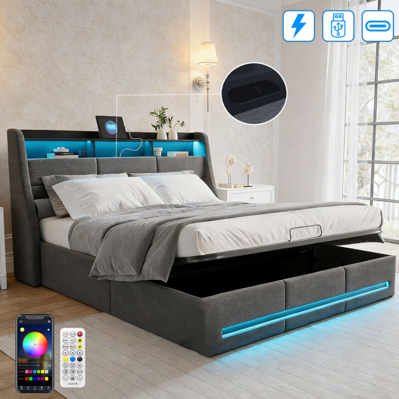 Lit coffre 160x200 CM - avec Sommier LED et USB Type C - Lit rembourré avec Rangement hydraulique, Lit 2 personnes, Lit double, Lit adult - Tissu Lin
