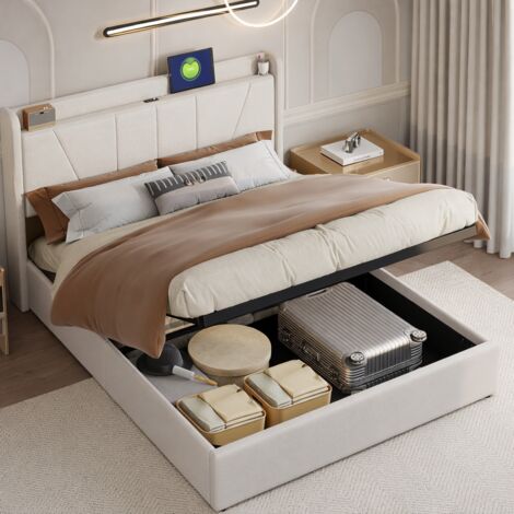 Lit coffre 160x200 cm avec sommier, lit double avec rangement hydraulique, tête de lit capitonnée avec étagère ouvertes et port USB, lits 2 personnes, sans matelas, lin, beige