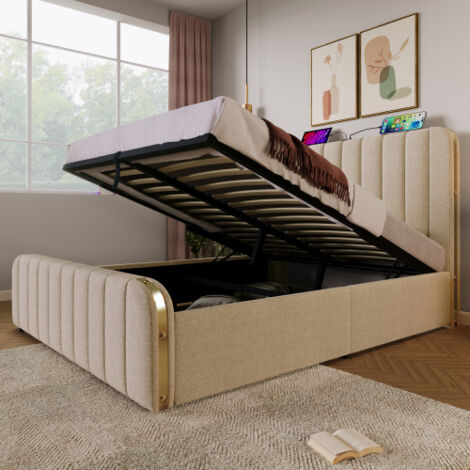 Lit coffre 160x200 cm - avec tête de lit, ports USB et Type-C, sommier à lattes et hydraulique - en lin - Beige - sans matelas