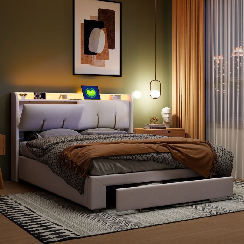 Lit coffre 140x200 cm avec tiroir,lit capitonné avec tête de lit avec rangement caché,dossier moelleux,port USB,LED,velours,blanc