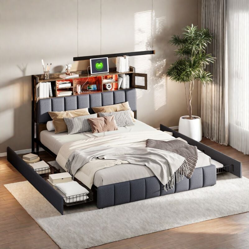 Sureh - Lit coffre 160x200 cm avec tiroirs - usb et Type c et led - lit 2 Personnes - cadre de lit avec sommier à lattes - tête de lit avec rangement