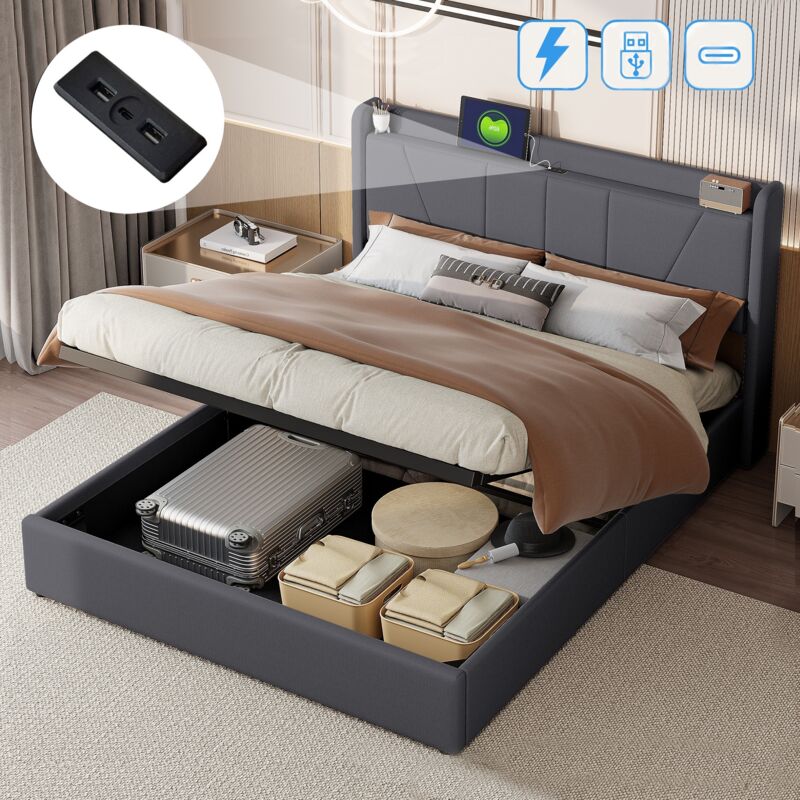 Lit coffre 140x190 cm, avec usb fonction de charge c, hydraulique de rangement, sommier à lattes en bois, cadre en métal, lit capitonné en lin - Gris