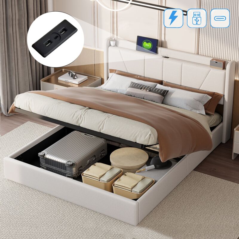 Lit coffre 160x200 cm, avec usb fonction de charge c, hydraulique de rangement, sommier à lattes en bois, cadre en métal, lit capitonné en lin - Beige