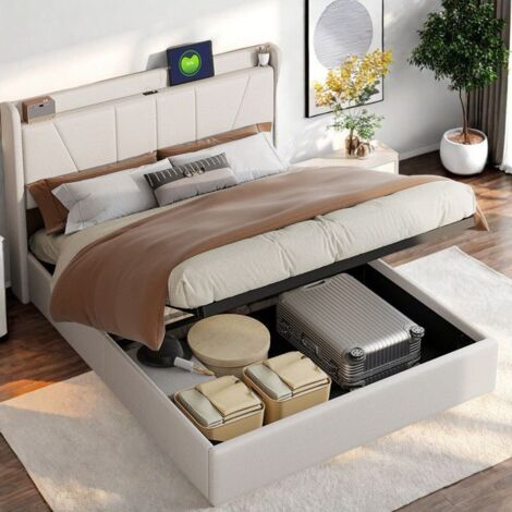 Lit coffre 160x200 cm - Beige - Tissu lin doux - Sommier inclus - Charge jusqu'à 300 kg