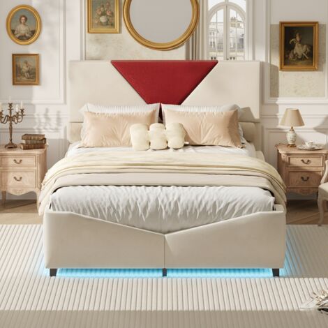 lit coffre 160x200 cm - châssis métallique de  sommier, Lumières LED, tête de lit rembourrée, châlit, bordure souple, beige
