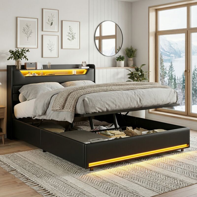 Lit coffre 160x200cm avec sommier - lit double Éclairage LED RGB, tête de lit avec rangement - station de charge USB/EU et rangement hydraulique, Noir