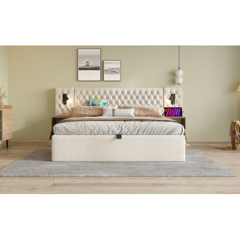 Lit coffre 160x200 cm en velours beige avec chevets, éclairage et ports USB/Type-C, sommier + matelas inclus