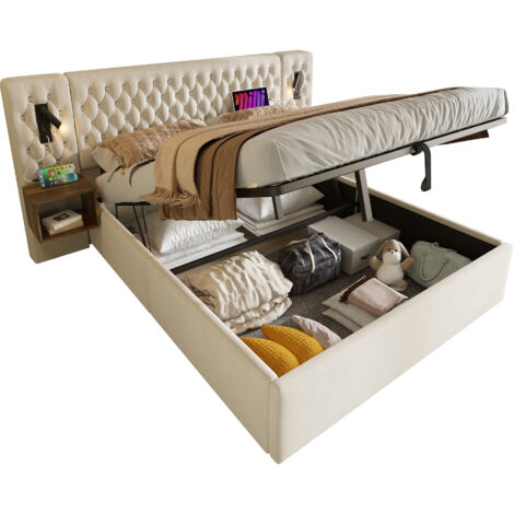 Lit coffre 160x200 cm en velours beige avec chevets intégrés, éclairage de lecture et ports USB/Type-C, sommier à lattes