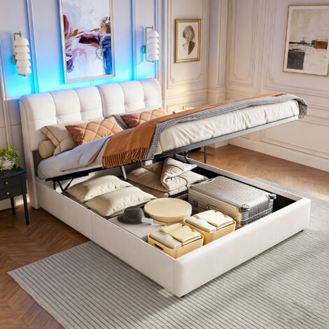 Lit coffre 160x200 cm hydraulique, velours doux, tête de lit rembourrée, LED 7 couleurs, grand rangement, lit adulte design moderne