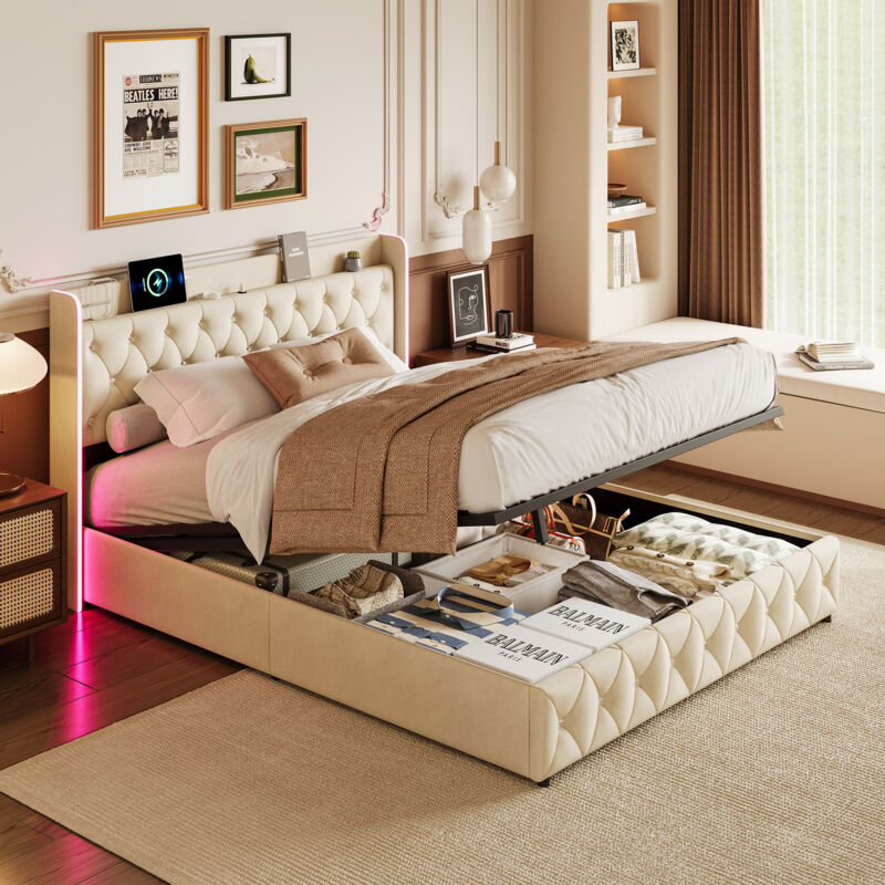 Lit coffre 140x200 cm, lit adulte 140x200 cm, avec éclairage led, fonction de charge usb, lit double velours, sommier à lattes, lit jeune - Beige