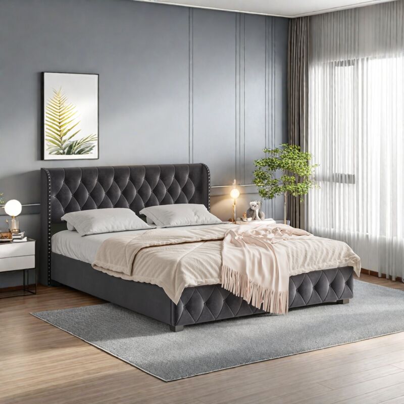 Lit coffre 140x200 cm,lit 2 Personnes moderne avec rangement,cadre de lit avec sommier à lattes,lit capitonné,lit adulte grande taille,tissu