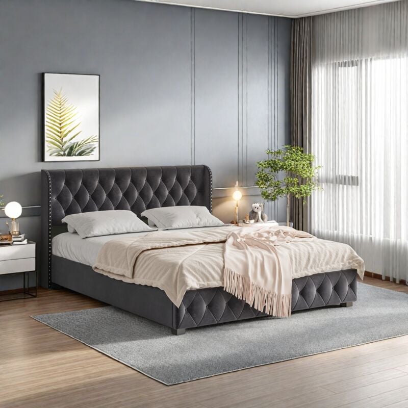 Lit coffre 180x200 cm,lit 2 Personnes moderne avec rangement,cadre de lit avec sommier à lattes,lit capitonné,lit adulte grande taille,tissu