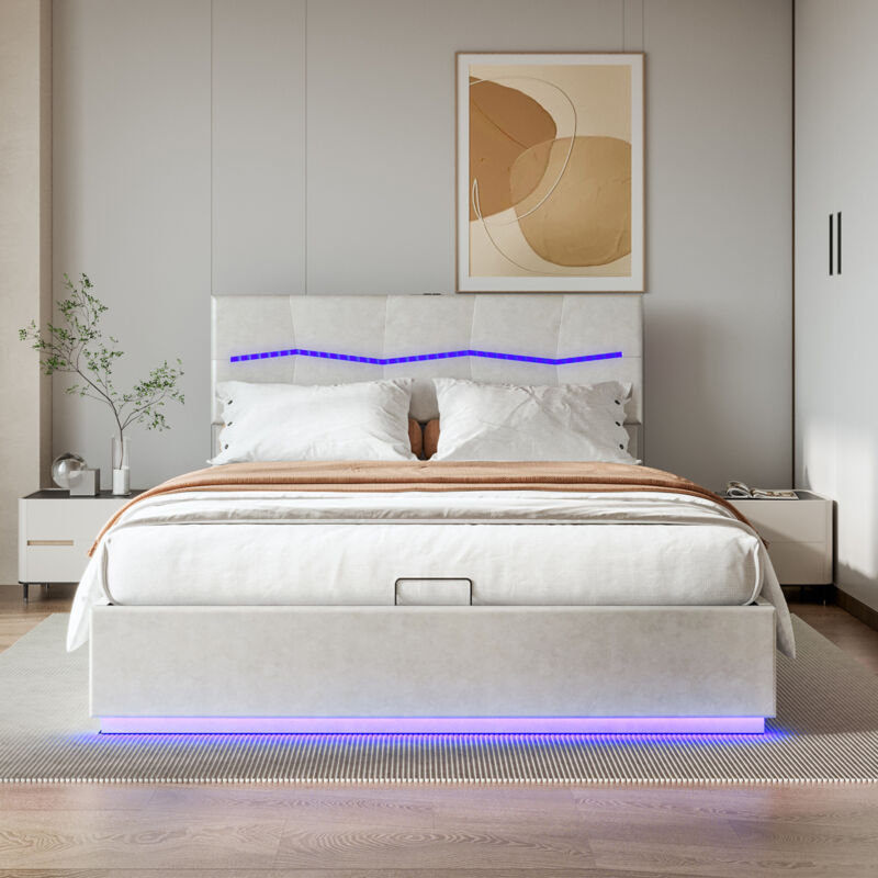 Lit 180x200 avec sommier, Lit coffre double, lit adulte avec LED, Lit capitonné, Lit flottant avec port de chargement USB,tête de lit réglable, PU