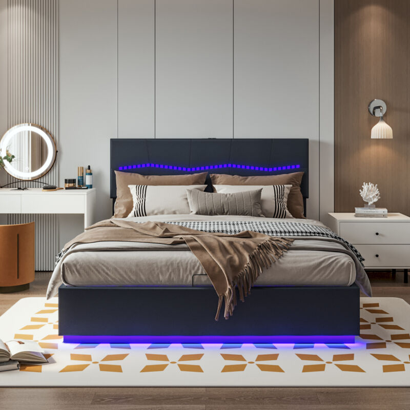 Lit 180x200 avec sommier, Lit coffre double, lit adulte avec LED, Lit capitonné, Lit flottant avec port de chargement USB,tête de lit réglable, PU