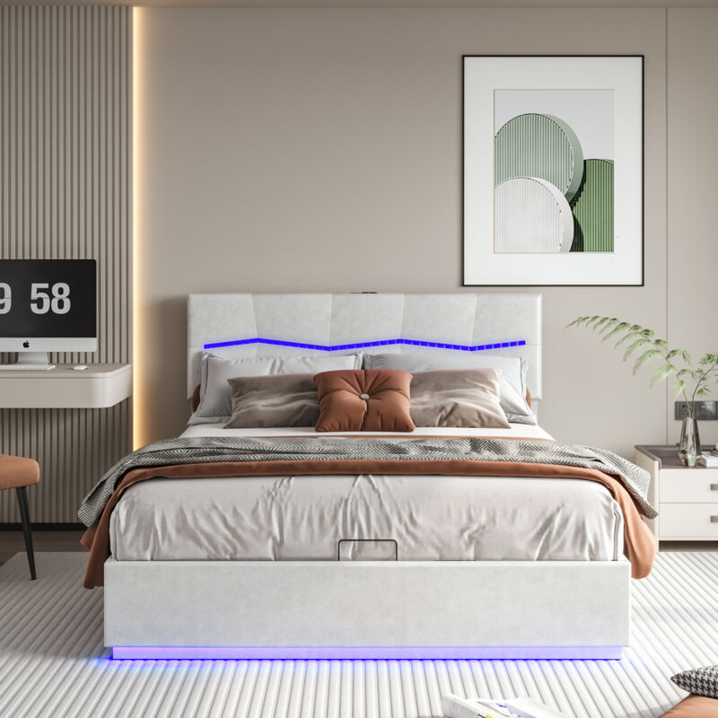 Lit coffre 160x200 cm, lit adulte avec led, Lit double avec rangement, Lit double rembourré, Lit avec sommier, port de chargement USB,tête de lit