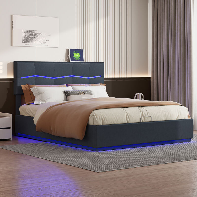 Sureh - Lit coffre 160x200 cm, lit adulte avec led, Lit double avec rangement, Lit double rembourré, Lit avec sommier, port de chargement USB,tête de