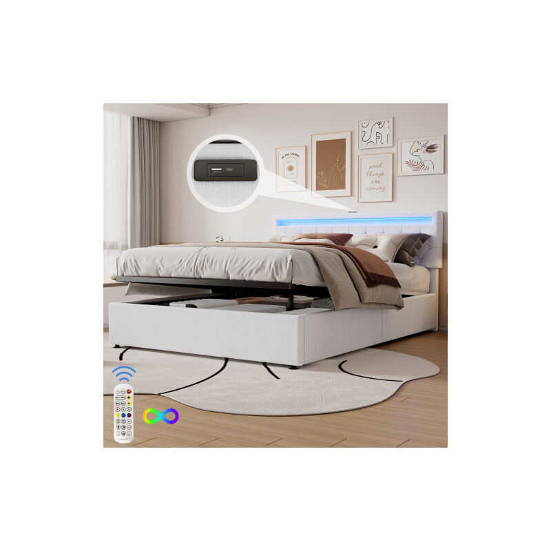 Lit coffre 160x200 cm Lit adulte avec télécommande Lumière led, prises usb et Type-C, sans fond, sans matelas, blanc
