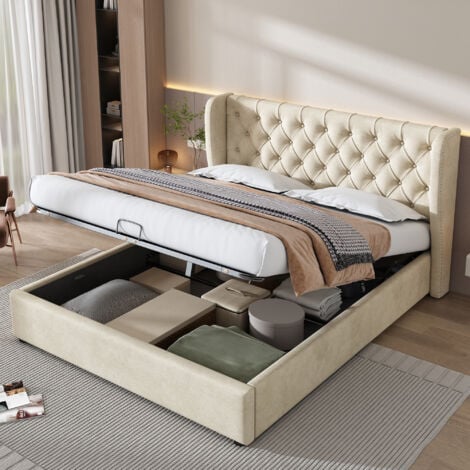 WISHDOR Lit coffre 160x200 cm, lit adulte, lit capitonné beige en forme d'oreille avec sommier à lattes, velours, sans matelas