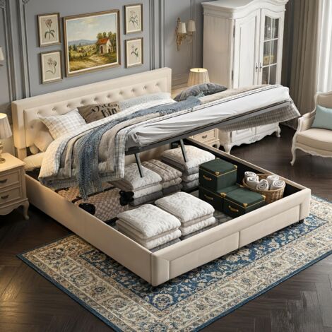 DANS LES NUAGES Lit coffre 160x200 cm, lit avec tête de lit capitonnée et rangement, système de stockage à soulèvement hydraulique, avec 2 tiroirs en bout de lit, velours, sommier à lattes - Beige