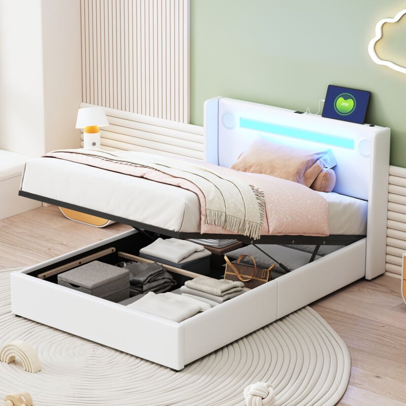 Lit coffre 90x200 cm, lit capitonné avec led, lecteur Bluetooth et chargement usb, lit enfant avec sommier à lattes, en similicuir, blanc