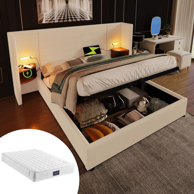 Wishdor - Lit coffre 160x200 cm, lit capitonné avec table de chevet, lampe de lecture et fonction de charge usb Type-C, beige-blanc, velours côtelé,