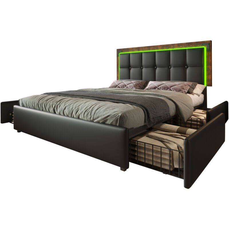 Lit coffre 160x200 cm Lit capitonné double en PU avec 4 tiroirs et LED avec tête de lit réglable en hauteur - Sommier inclus - Noir