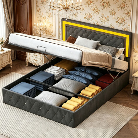 Lit coffre 160x200 cm, Lit capitonné velours avec rangement, Tête de lit avec éclairage LED, Sommier en bois massif