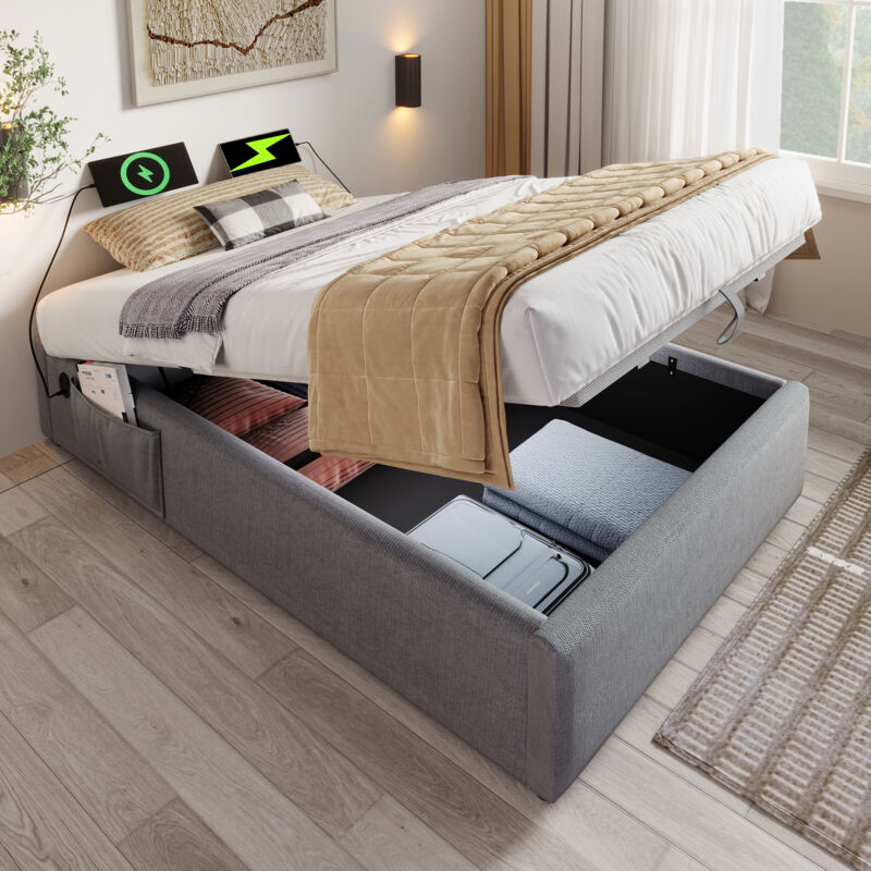 Lit coffre 90x190 cm, lit simple 90x190 cm, lit capitonné avec usb-c et sommier à lattes, sans tête de lit, sans matelas, coton, gris