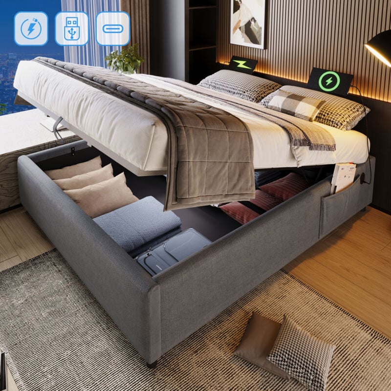 Lit coffre 140x200 cm, lit double 140x200 cm, lit capitonné avec usb-c et sommier à lattes, sans tête de lit, sans matelas, coton, gris
