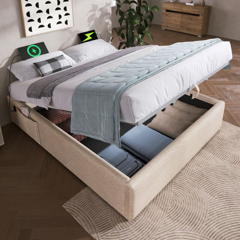 Lit coffre 140x200 cm, lit double 140x200 cm, lit capitonné beige avec usb-c et sommier à lattes, sans tête de lit, sans matelas, lin